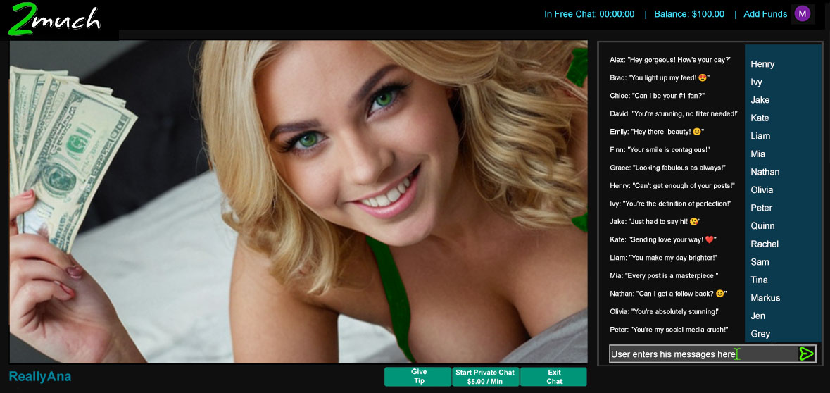 Female model engaging in monetized video chat with clients using Miricam